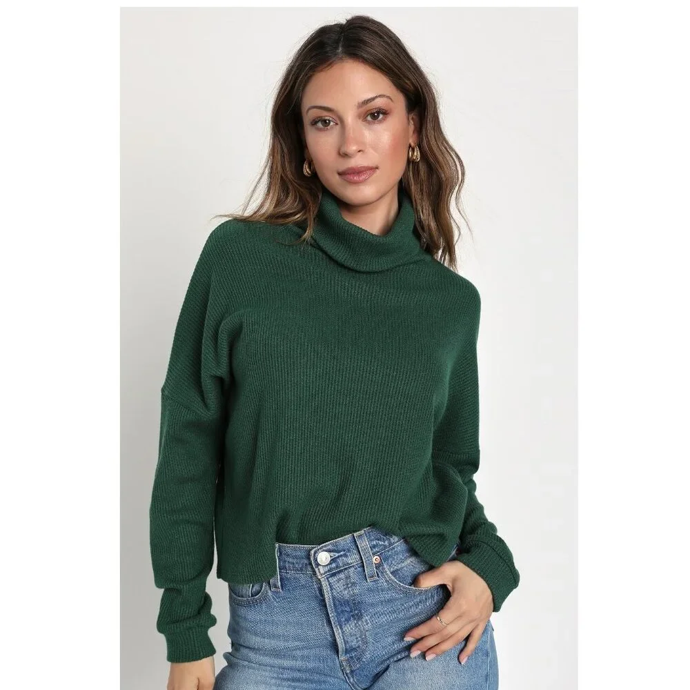 Lulus Seasonal Essential Green Waffle Knit Turtleneck Long Sleeve Top Size Small